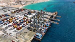 Aerial view of Berbera Port in Somaliland, showing container ships, gantry cranes, the terminal yard and the Gulf of Aden.